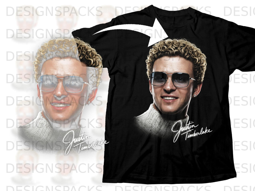 Black t-shirt with a graphic of Justin Timberlake wearing sunglasses and a sweater.