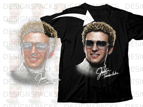 Black t-shirt with a graphic of Justin Timberlake wearing sunglasses and a sweater.