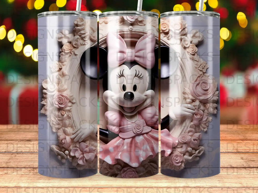 Minnie Mouse in a pink dress and bow, framed by floral details.