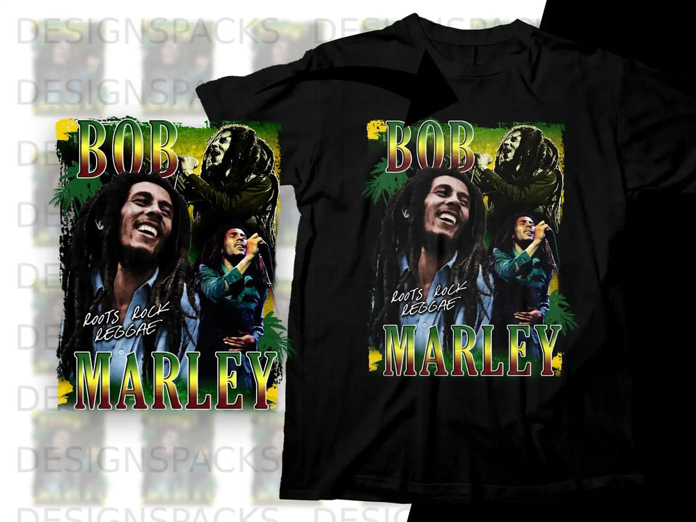Bob Marley t-shirt design with "Roots Rock Reggae" text.