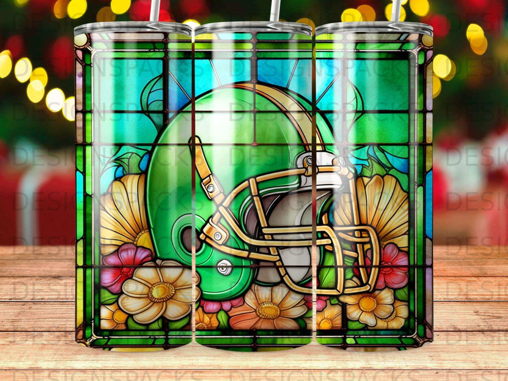 Green football helmet with stained glass floral border.