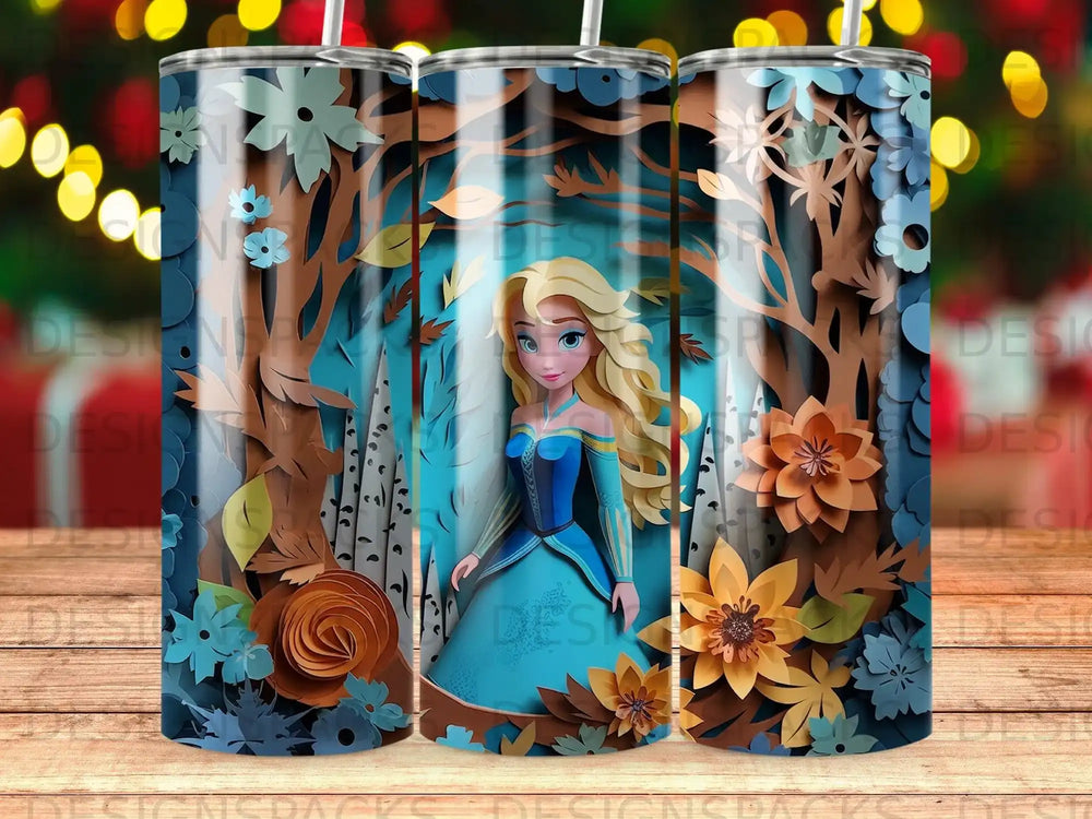 Elsa from Frozen in a forest with papercraft flowers and trees.