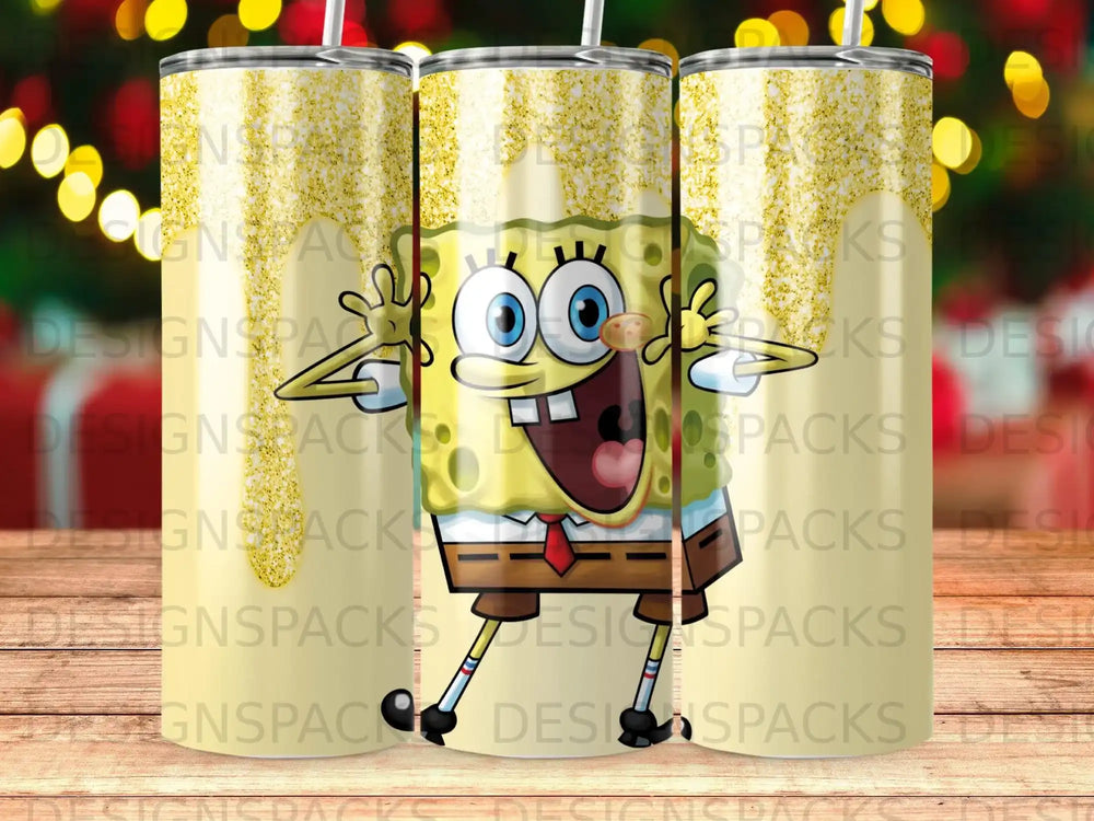 SpongeBob SquarePants character on a tumbler with a gold glitter design.