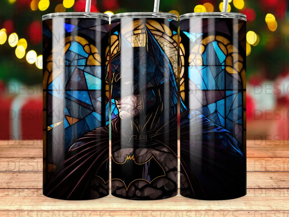 Batman stained glass tumbler with dark blue and yellow accents.