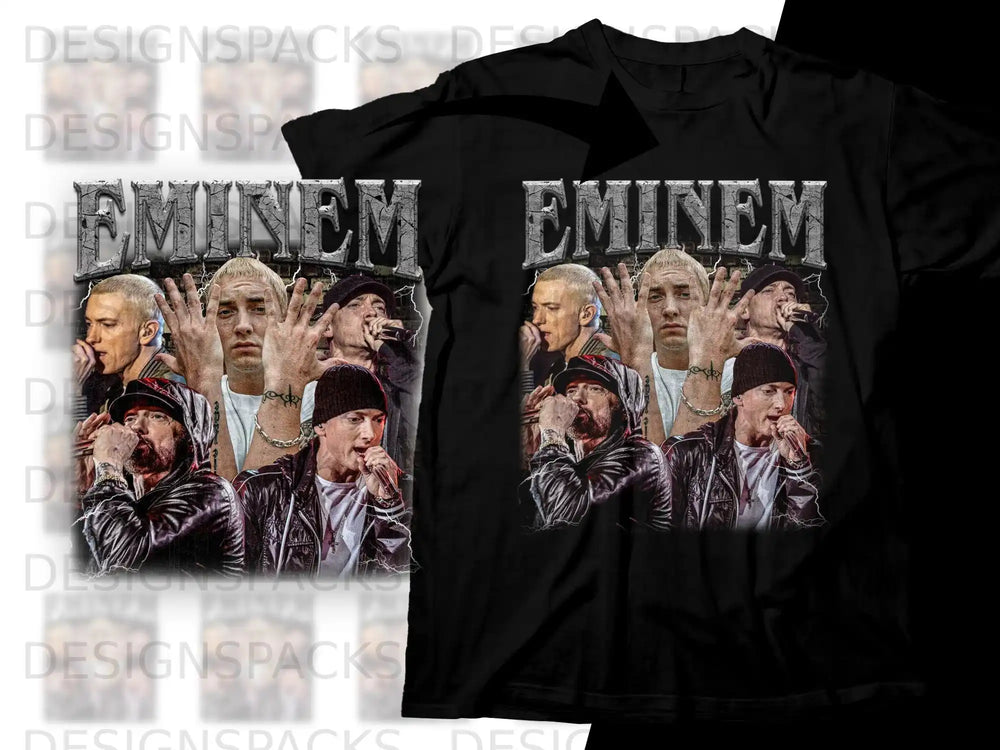 Eminem collage graphic on black t-shirt.