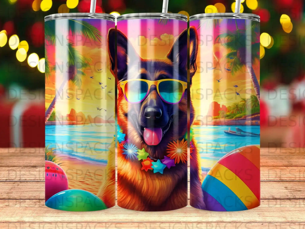 German Shepherd wearing sunglasses and a lei, against a beach sunset backdrop.