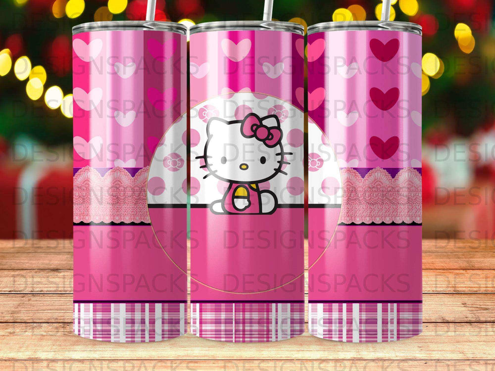 Pink tumbler with Hello Kitty design and repeating pattern of hearts and lace.