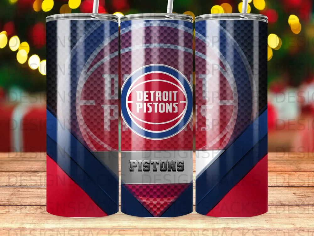 Detroit Pistons logo on a red and blue patterned tumbler.