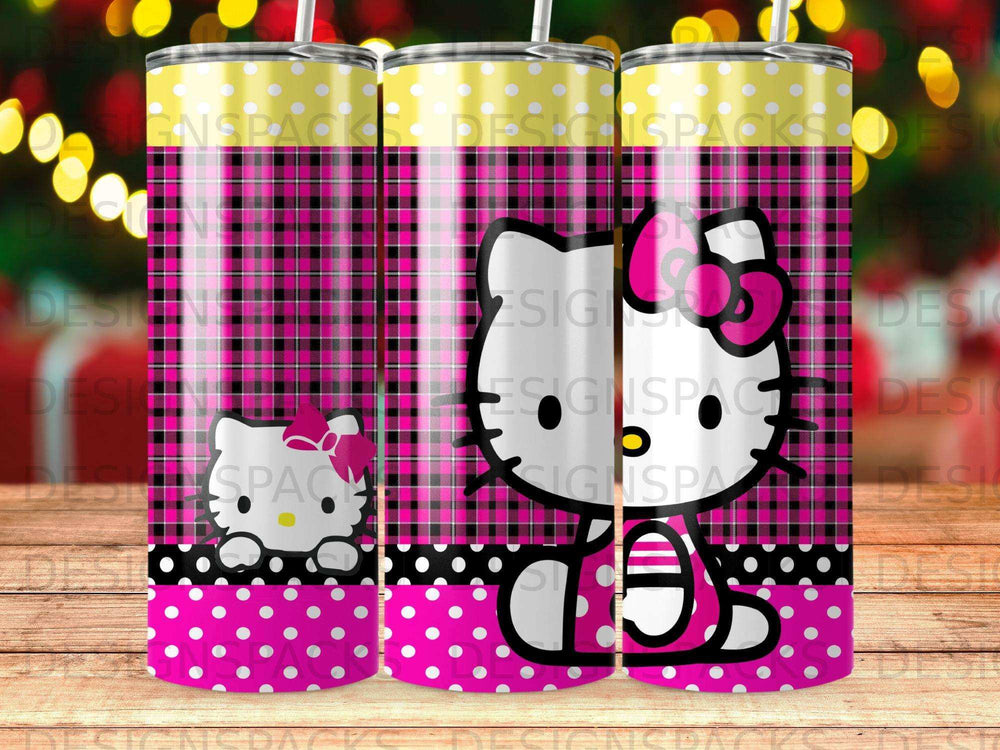Hello Kitty on pink plaid background with white polka dots.