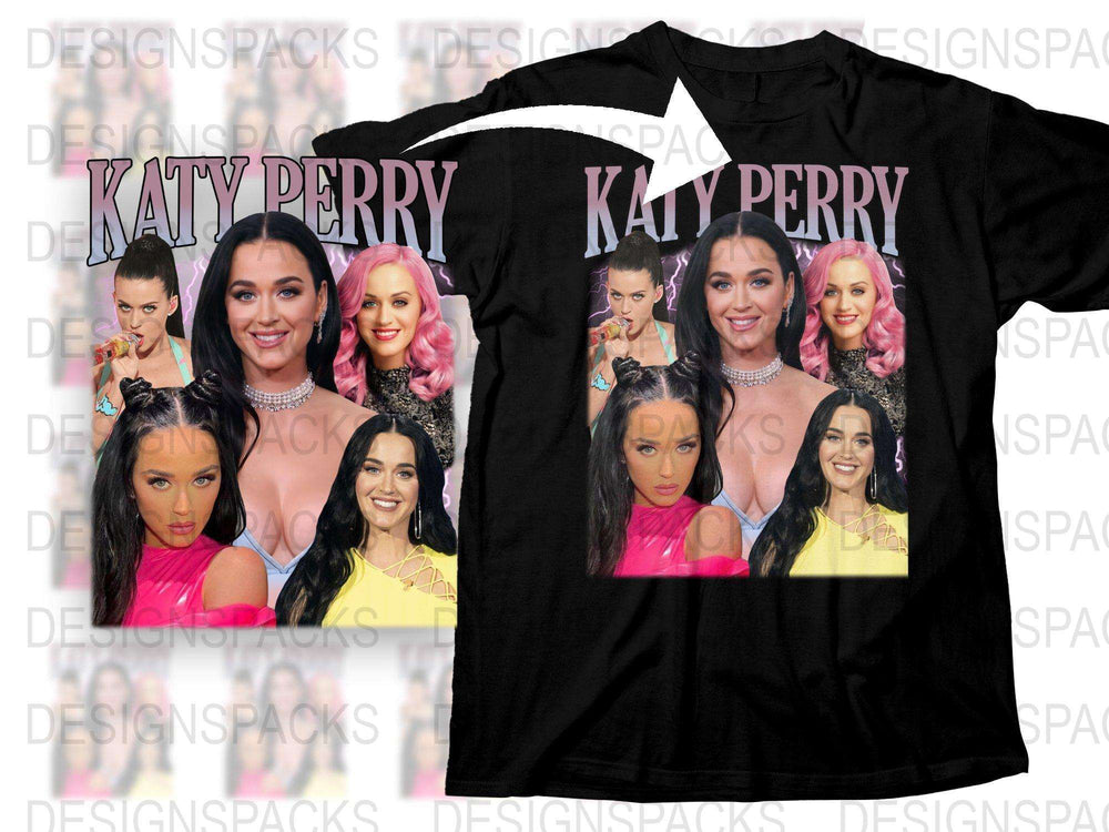 Katy Perry Graphic T-Shirt, Pop Star Fan Merch, Multiple Poses Design, Black Cotton Tee