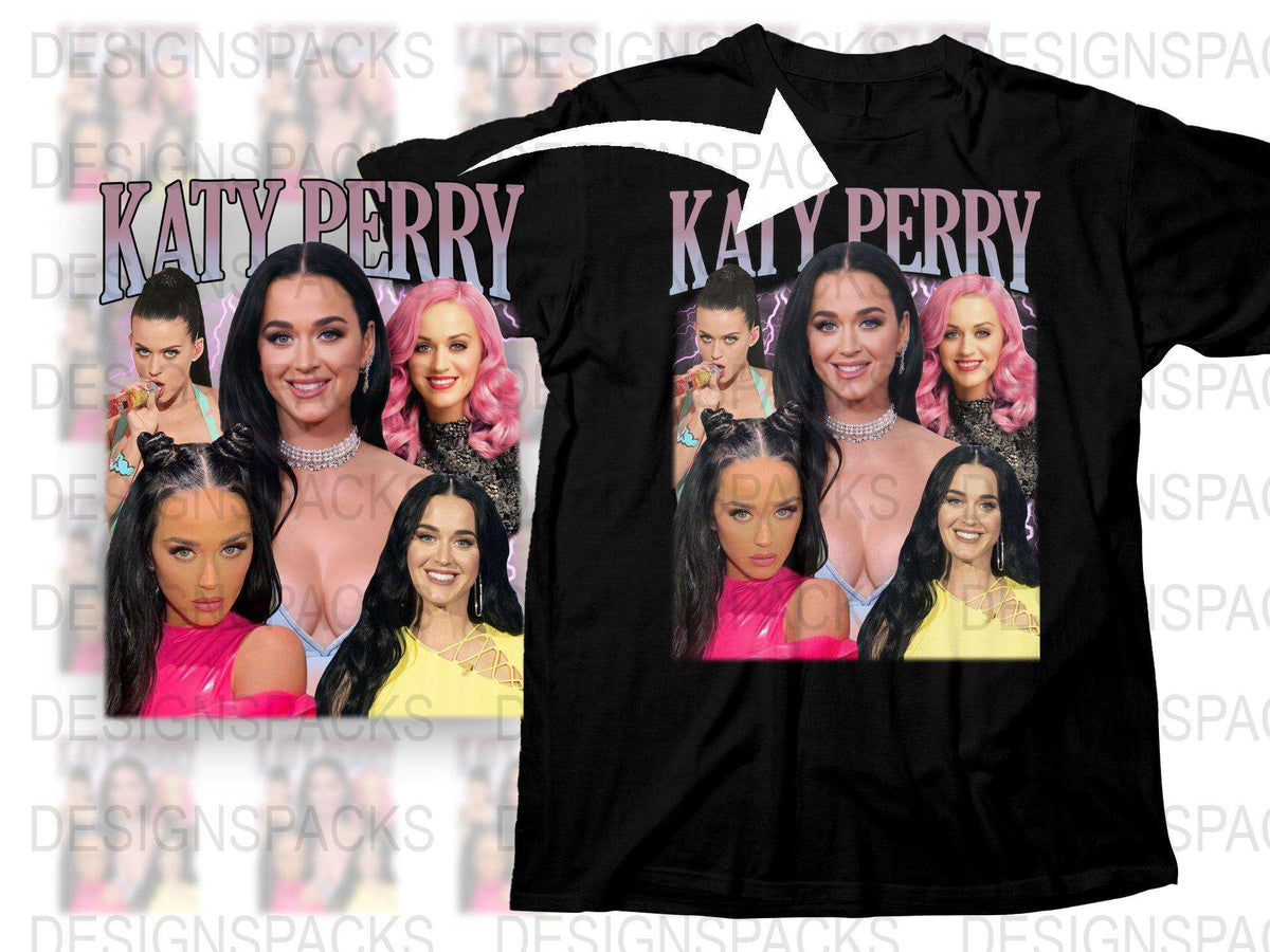 Katy Perry Graphic T-Shirt, Pop Star Fan Merch, Multiple Poses Design, Black Cotton Tee