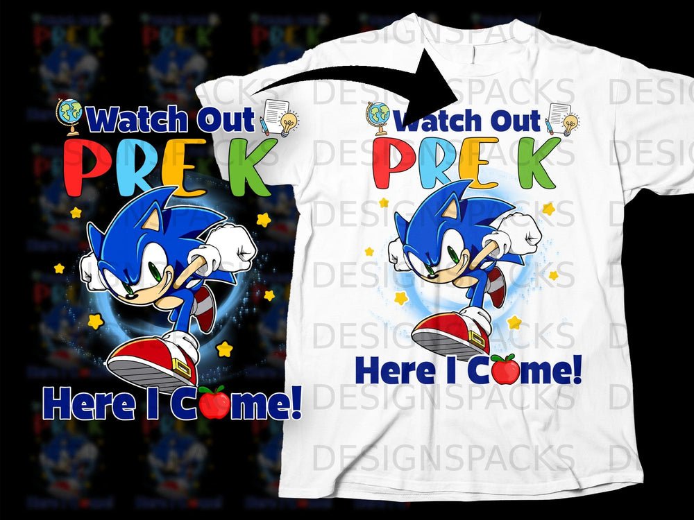 Sonic the Hedgehog and text "Watch Out PREK Here I Come!" on a t-shirt.