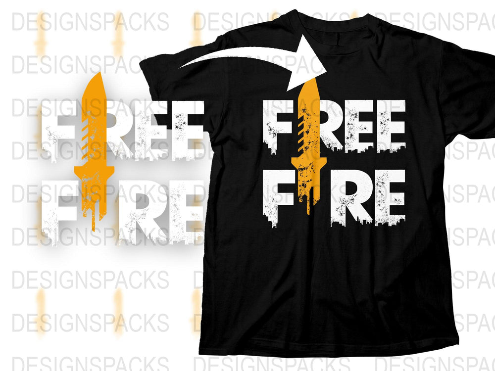 Free Fire Graphic T-Shirt, Distressed Text Print, Unisex Gamer Tee, Casual Black Shirt for Video Game Enthusiasts