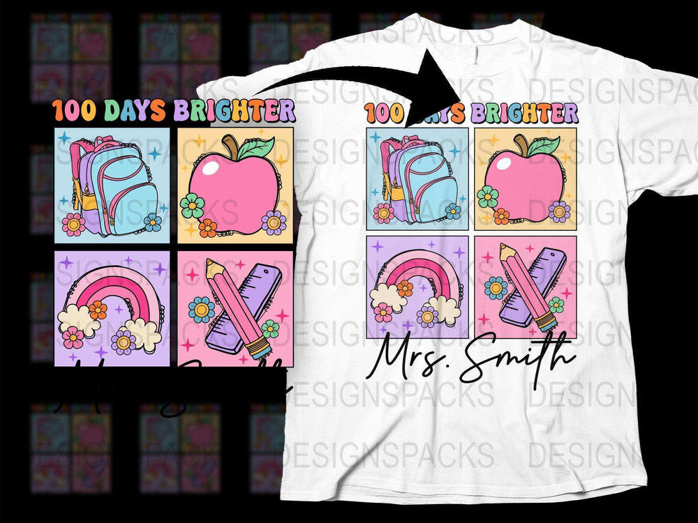 Colorful Teacher T-Shirt, 100 Days Brighter Graphic Tee, Personalized Teacher Name, Cute School Apparel