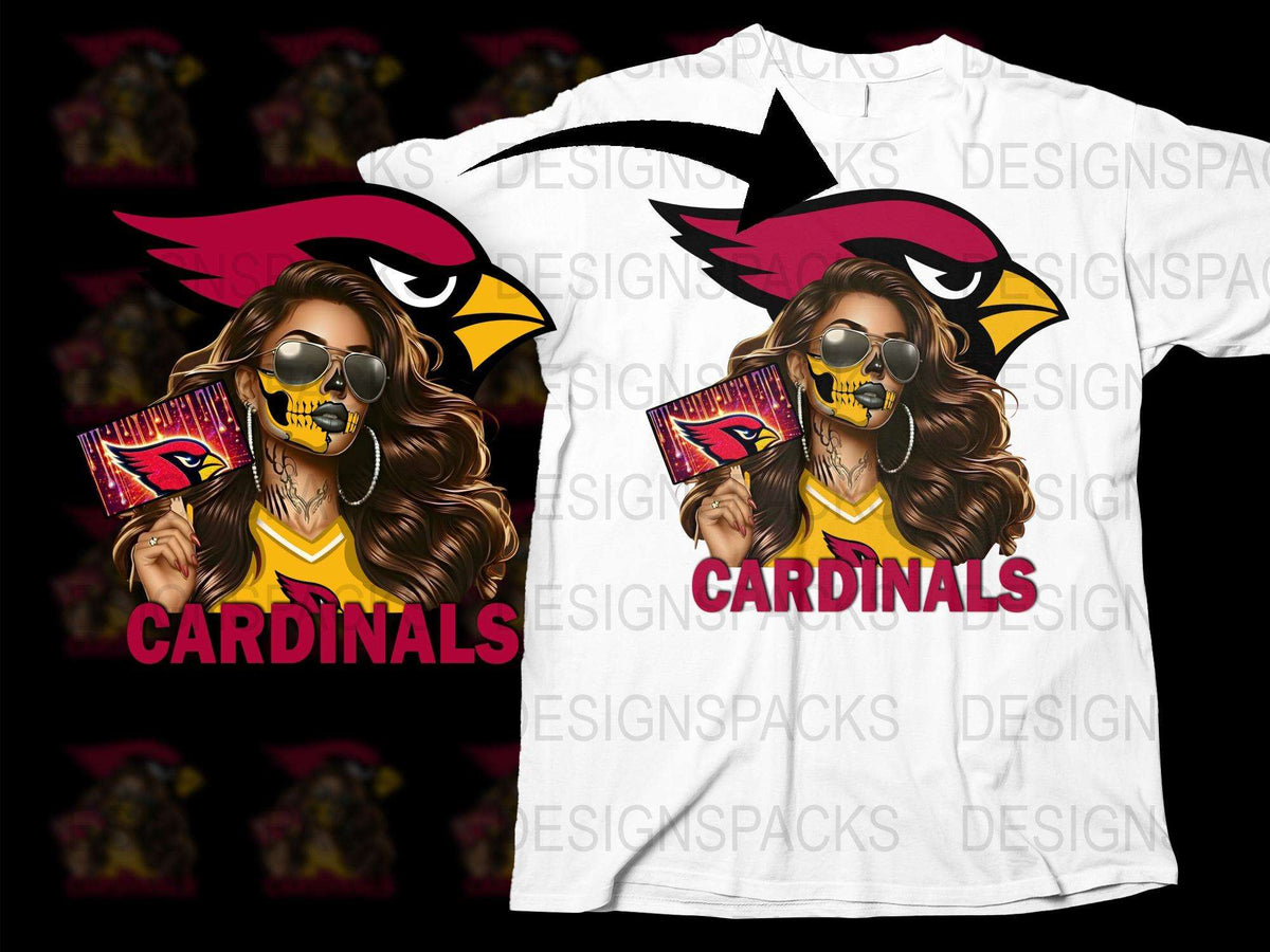 Cardinals Skull Lady Graphic T-shirt, Colorful Trendy Sports Fan Apparel, Stylish Casual Wear