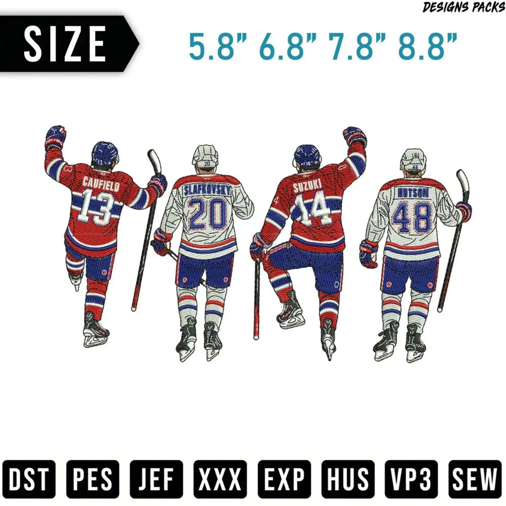 Four embroidered hockey players with names and numbers, with size and file format information.
