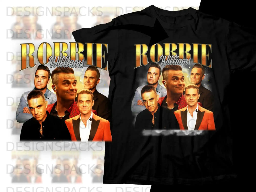 Robbie Williams with a collage of his images on a black t-shirt.