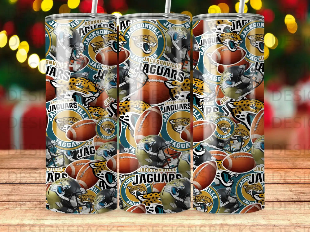 Jacksonville Jaguars helmets, footballs, and logo pattern on three tumblers.