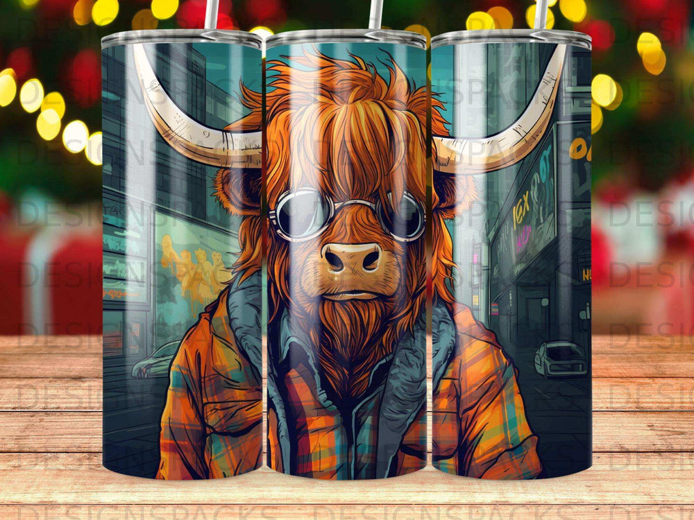 Highland cow wearing sunglasses and plaid jacket in urban setting.