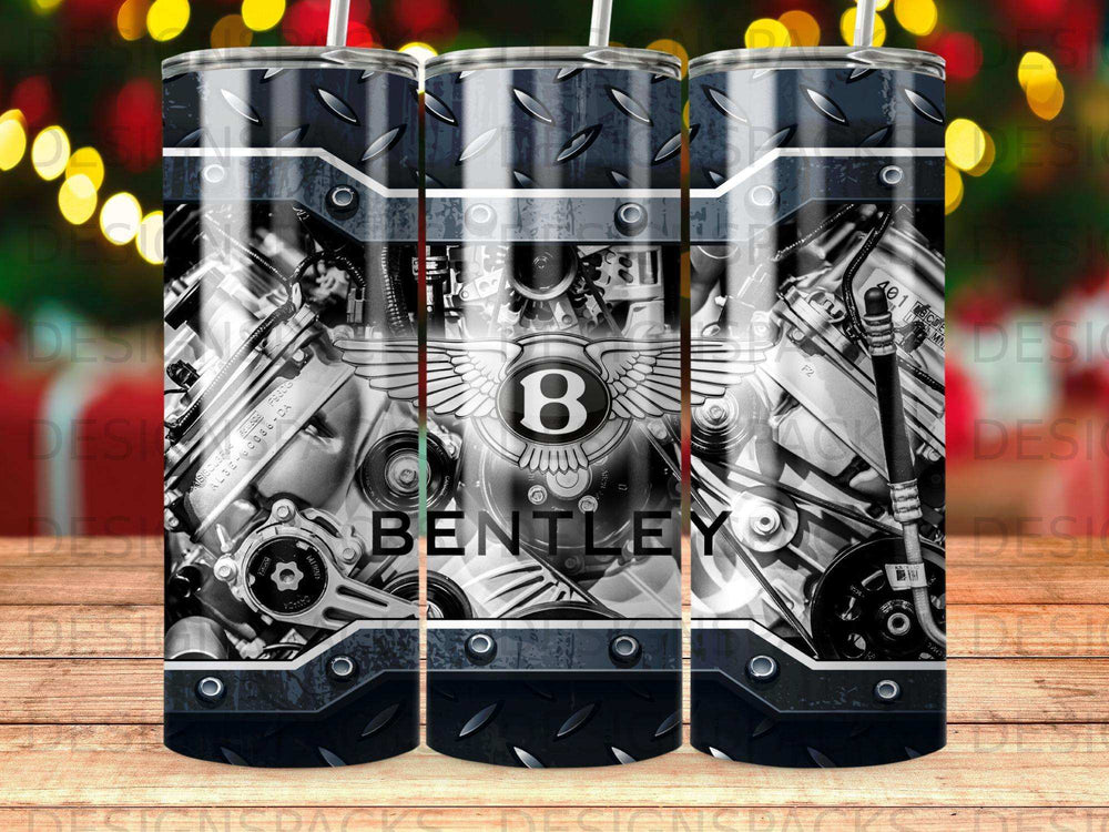 Bentley logo and engine parts on a textured metal background.