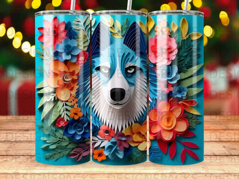 Blue wolf with colorful floral accents on a teal background.