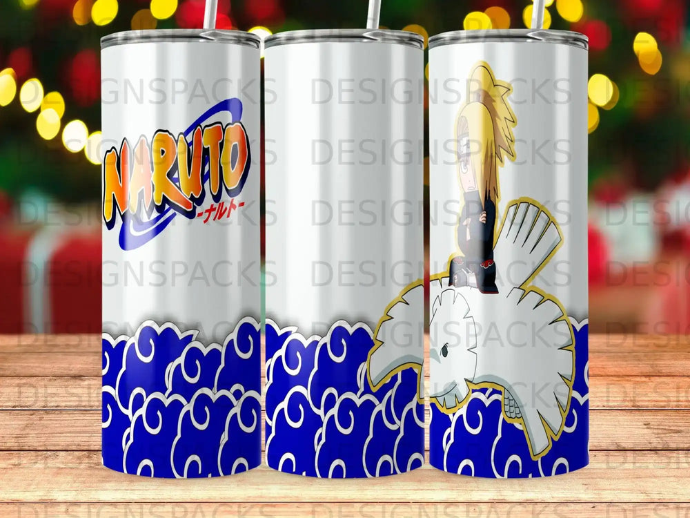 Naruto character with Naruto logo on a blue cloud pattern tumbler.