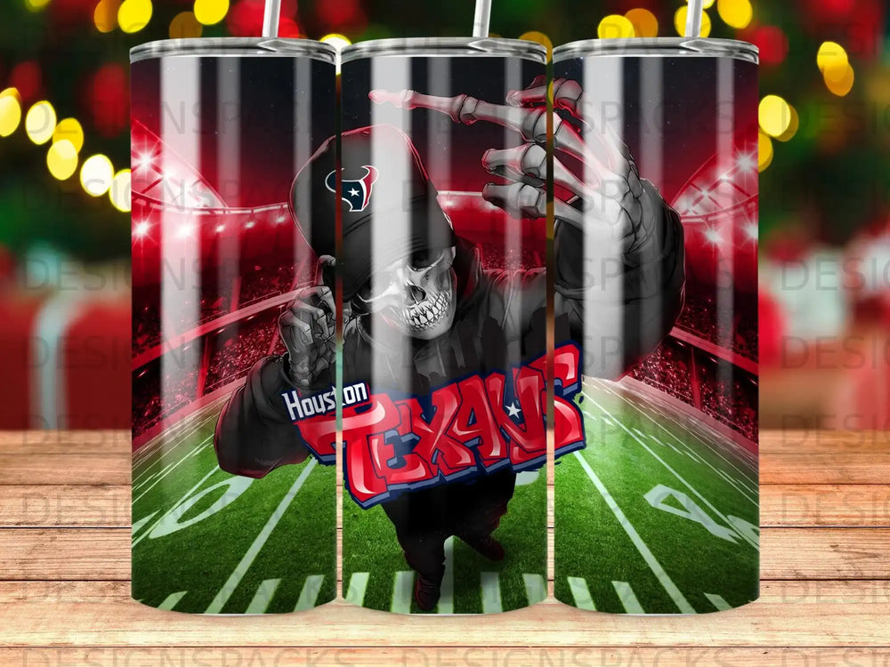 Skull in Houston Texans jersey pointing finger, stadium lights, football field background.