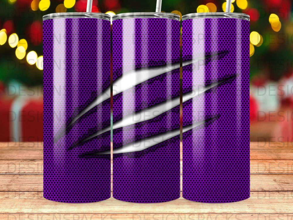 Purple tumbler with claw marks and honeycomb pattern.