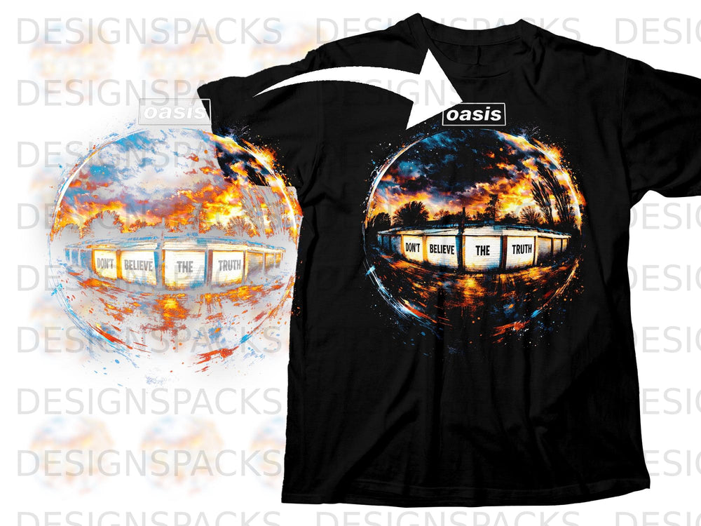 Black t-shirt featuring Oasis logo and album art "Don't Believe The Truth".