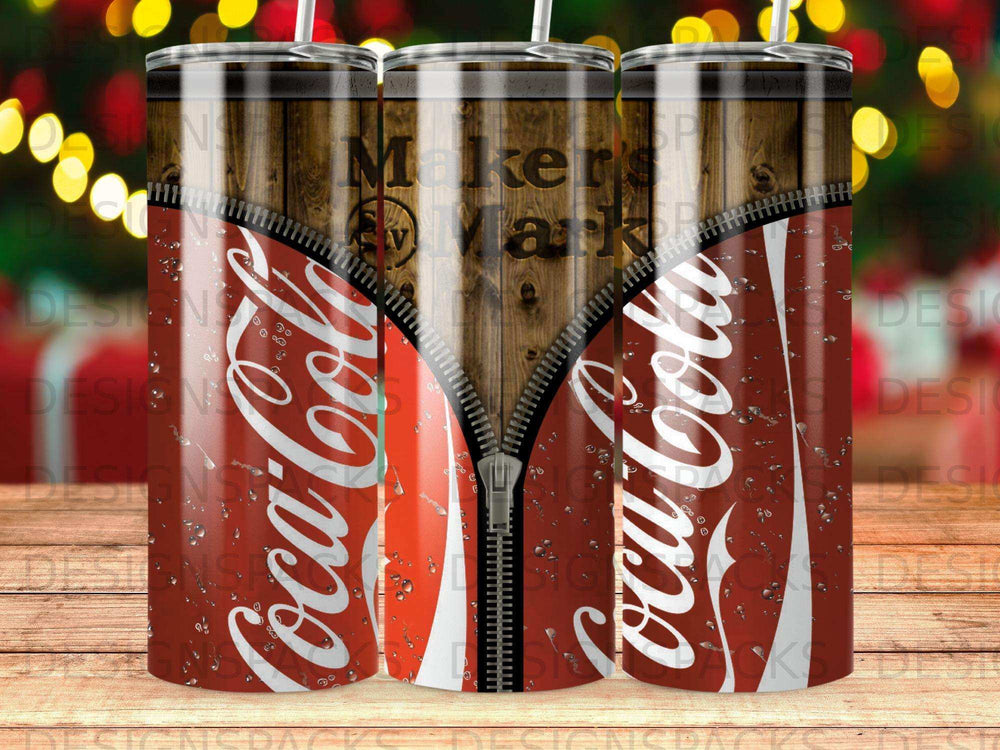 Coca-Cola and Maker's Mark themed tumbler with wood grain and zipper design.