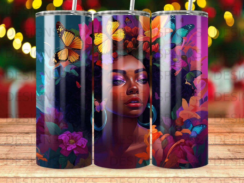 Woman with colorful butterflies and flowers in her hair, on a cylindrical tumbler.