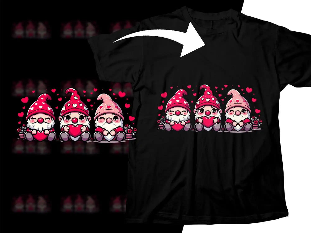 Cute Valentine's gnomes holding hearts on black t-shirt, print-ready design