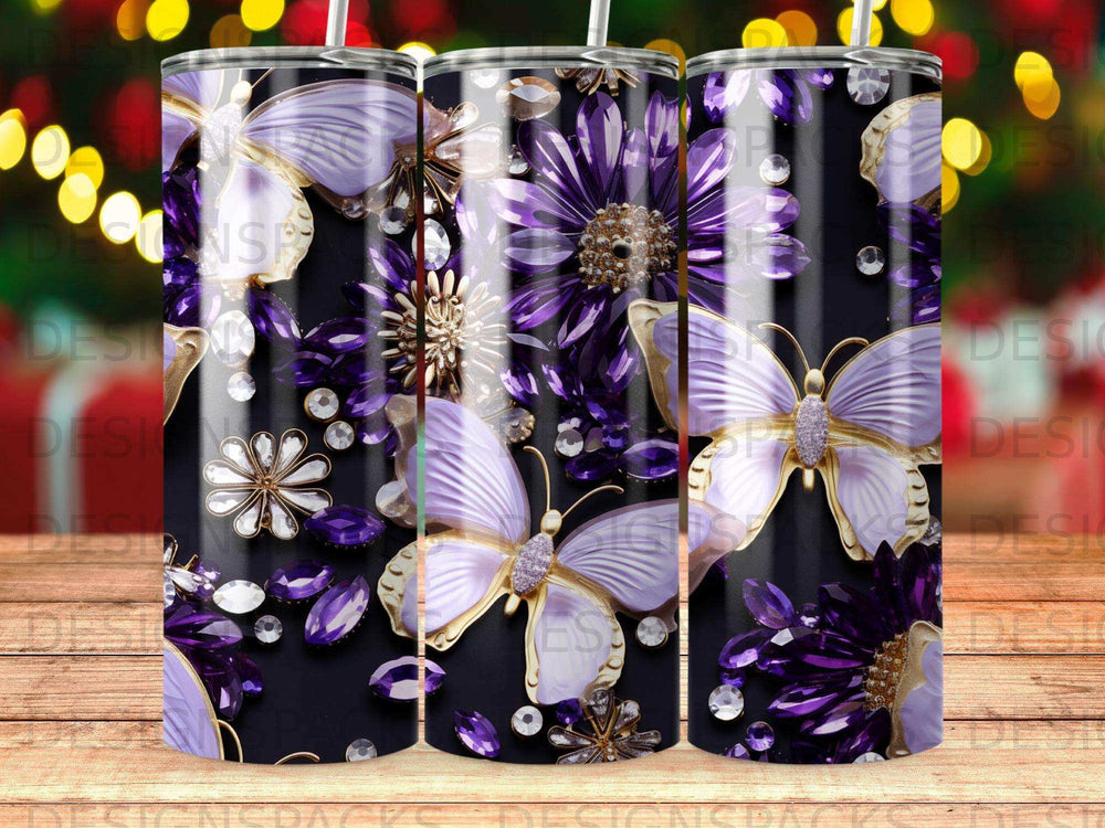 Purple butterflies and jewels on a dark background.