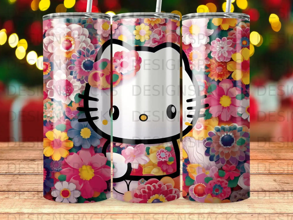 Hello Kitty surrounded by colorful flowers, floral pattern tumbler.