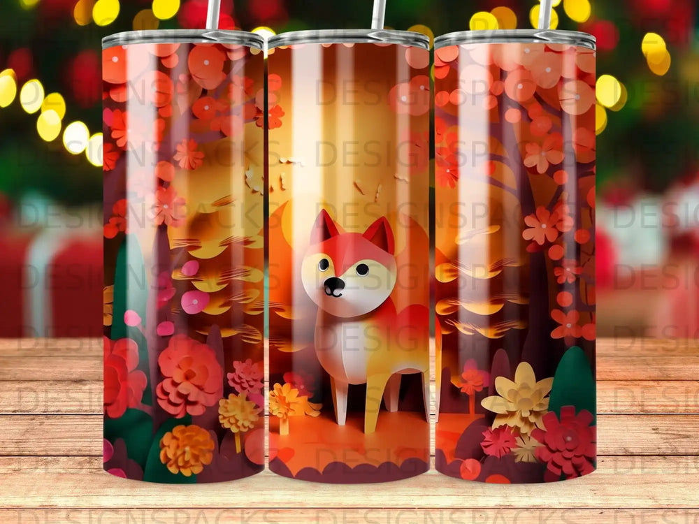 Three tumblers featuring a cartoon fox surrounded by autumn leaves and flowers.