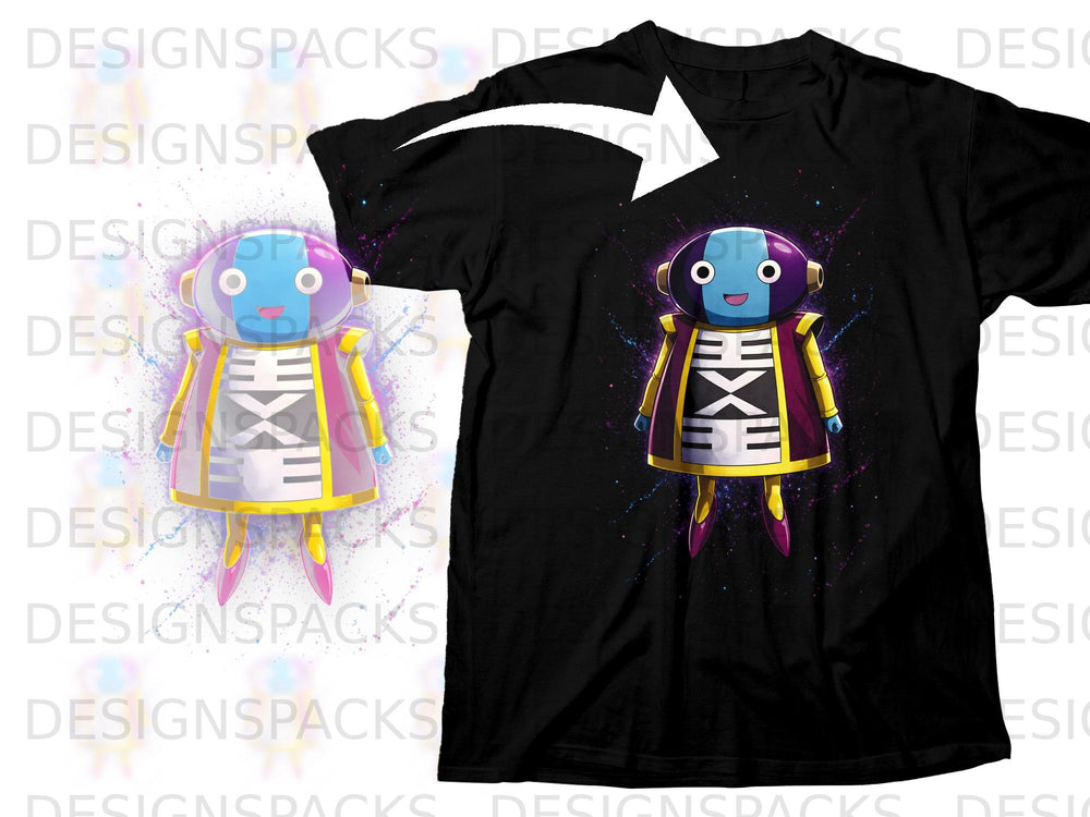 Black t-shirt featuring a colorful, smiling cartoon character with a purple head and yellow and purple robe.