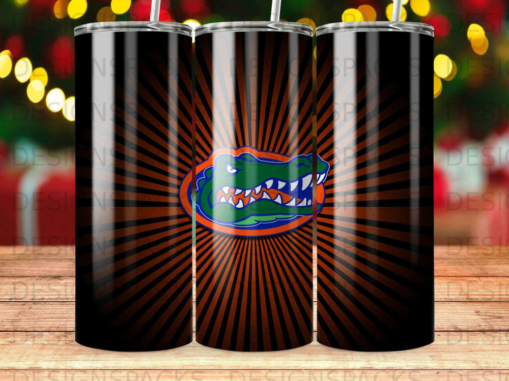 Florida Gators logo on a black tumbler with orange sunburst background.