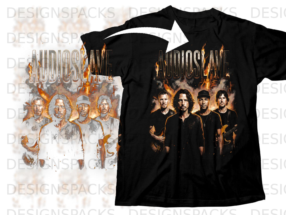 Black t-shirt with Audioslave band members and flaming text.