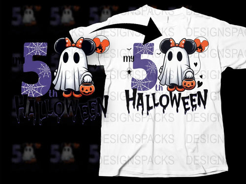 Kids 5th Birthday Ghost Halloween T-Shirt | Personalized Cartoon Ghost Pumpkin Design Tee for Boys and Girls