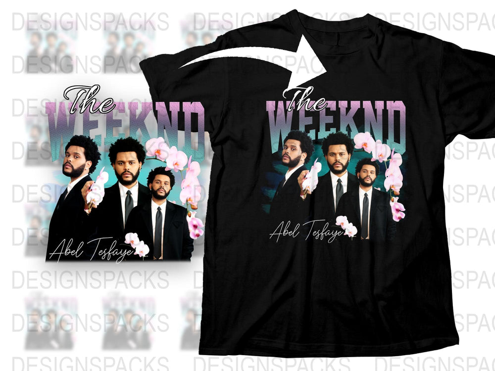 The Weeknd Fan T-Shirt, Abel Tesfaye Multiple Poses Graphic Tee, Music Artist Inspired Black Shirt with Floral Design
