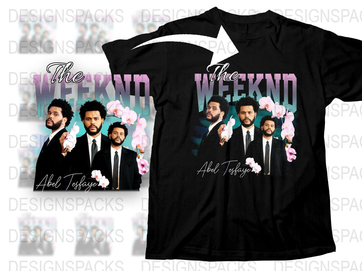 The Weeknd Fan T-Shirt, Abel Tesfaye Multiple Poses Graphic Tee, Music Artist Inspired Black Shirt with Floral Design