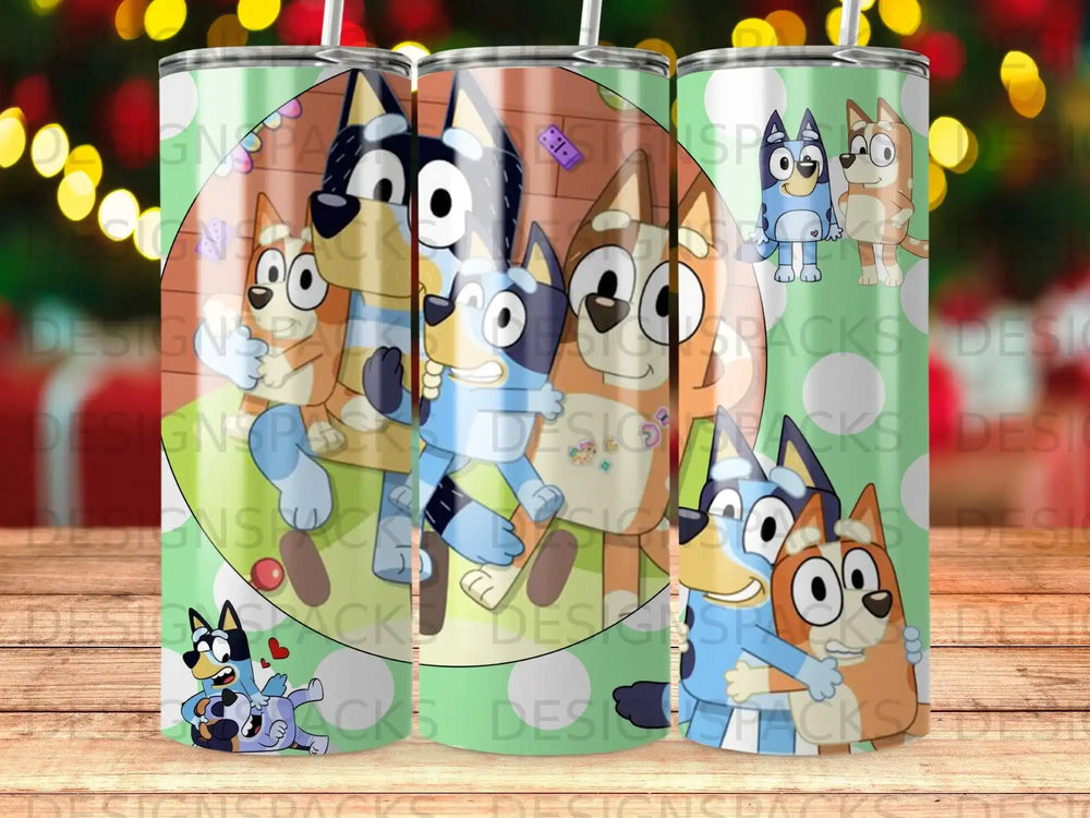 Bluey and Bingo characters on a green patterned background with yellow dots.