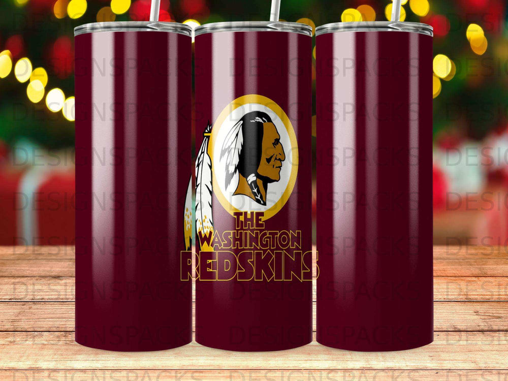 Washington Redskins logo on a red tumbler with subtle background pattern.