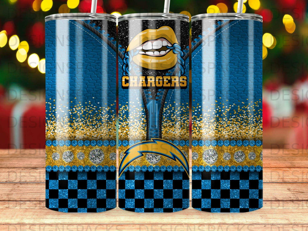 Blue and gold tumbler with Chargers logo, lips, and glitter.