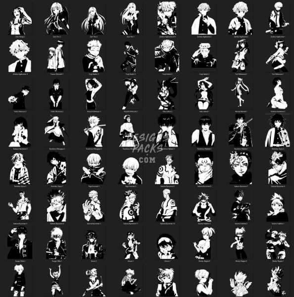 299 Anime Characters Mix Black and White Designs Bundle DESIGNSPACKS