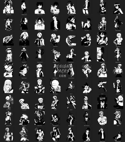 299 Anime Characters Mix Black and White Designs Bundle DESIGNSPACKS