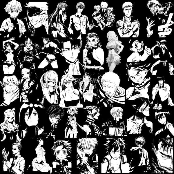 299 Anime Characters Mix Black and White Designs Bundle DESIGNSPACKS