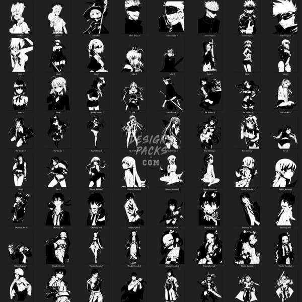 299 Anime Characters Mix Black and White Designs Bundle DESIGNSPACKS