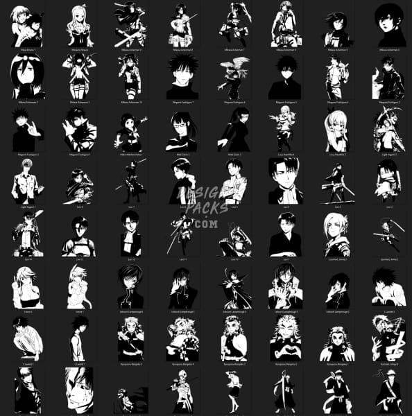 299 Anime Characters Mix Black and White Designs Bundle DESIGNSPACKS