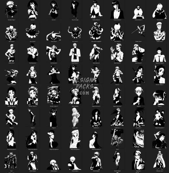 299 Anime Characters Mix Black and White Designs Bundle DESIGNSPACKS